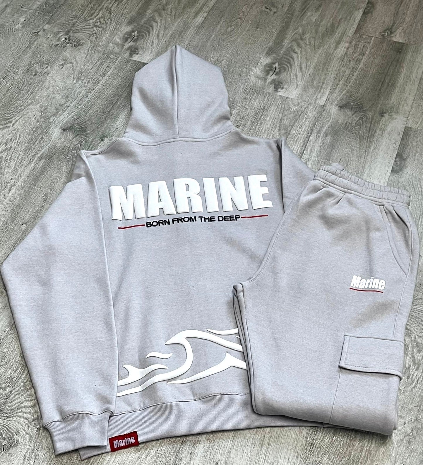 Marine Puff Printed Hoodie and Cargo Jogger tracksuit- Light Grey