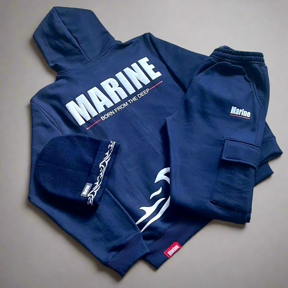 Marine Puff Printed Hoodie and Cargo Jogger tracksuit- Navy