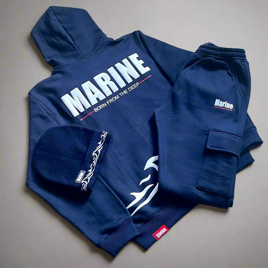 Marine Puff Printed Hoodie and Cargo Jogger tracksuit- Navy