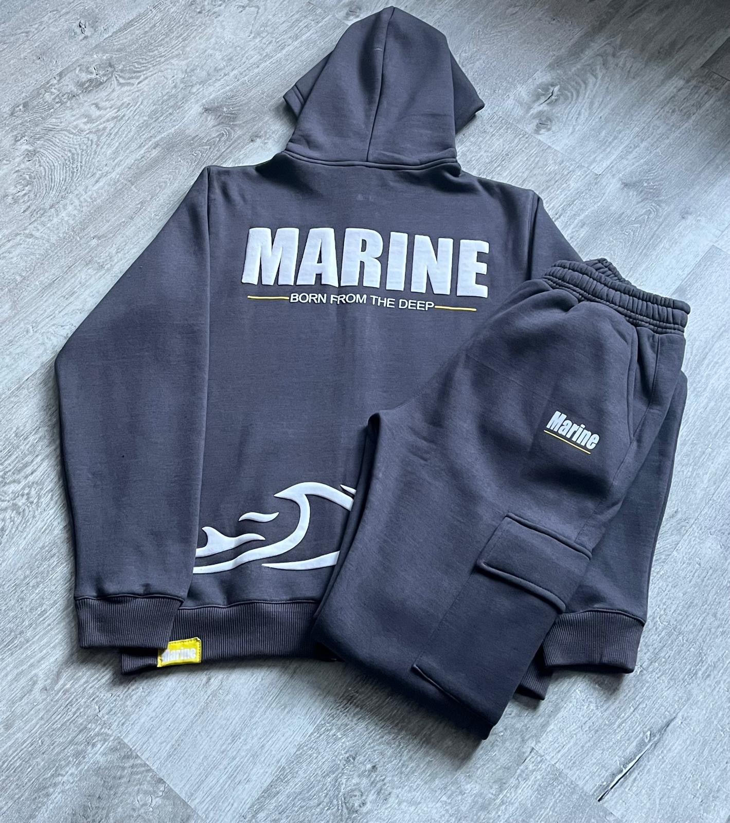 Marine Puff Printed Hoodie and Cargo Jogger tracksuit- Dark Grey