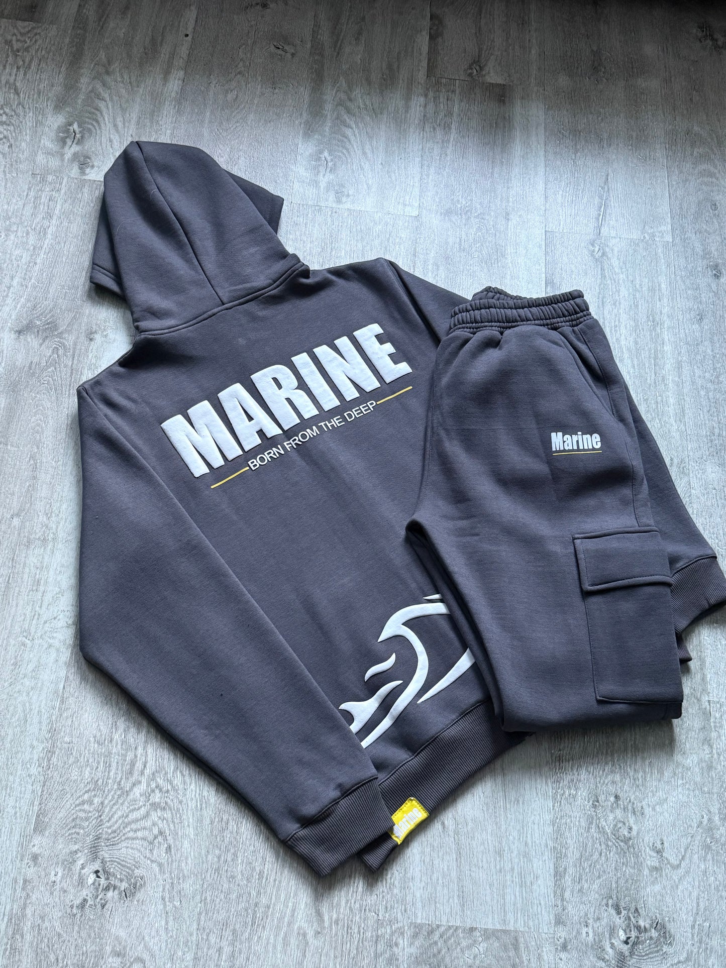 Marine Puff Printed Hoodie and Cargo Jogger tracksuit- Dark Grey