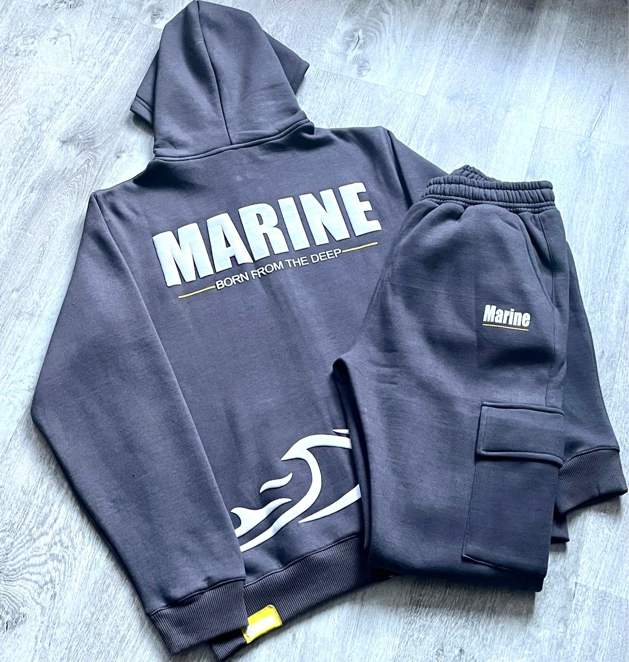 Marine Puff Printed Hoodie and Cargo Jogger tracksuit- Dark Grey