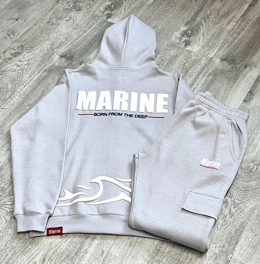 Marine Puff Printed Hoodie and Cargo Jogger tracksuit- Light Grey