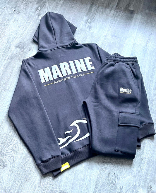 Marine Puff Printed Hoodie and Cargo Jogger tracksuit- Dark Grey